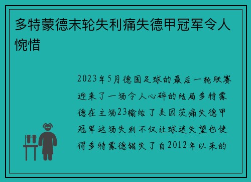 多特蒙德末轮失利痛失德甲冠军令人惋惜 多特蒙德末轮失利痛失德甲冠军令人惋惜