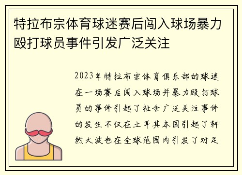 特拉布宗体育球迷赛后闯入球场暴力殴打球员事件引发广泛关注